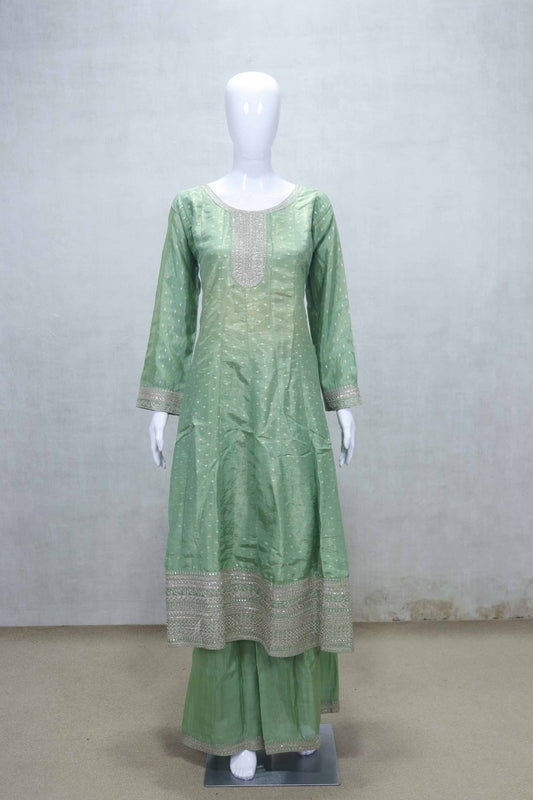 Pastel Green Embroidered Salwar Suit Set with Brocade Dupatta and Palazzo Pants - Mangaldeep NX