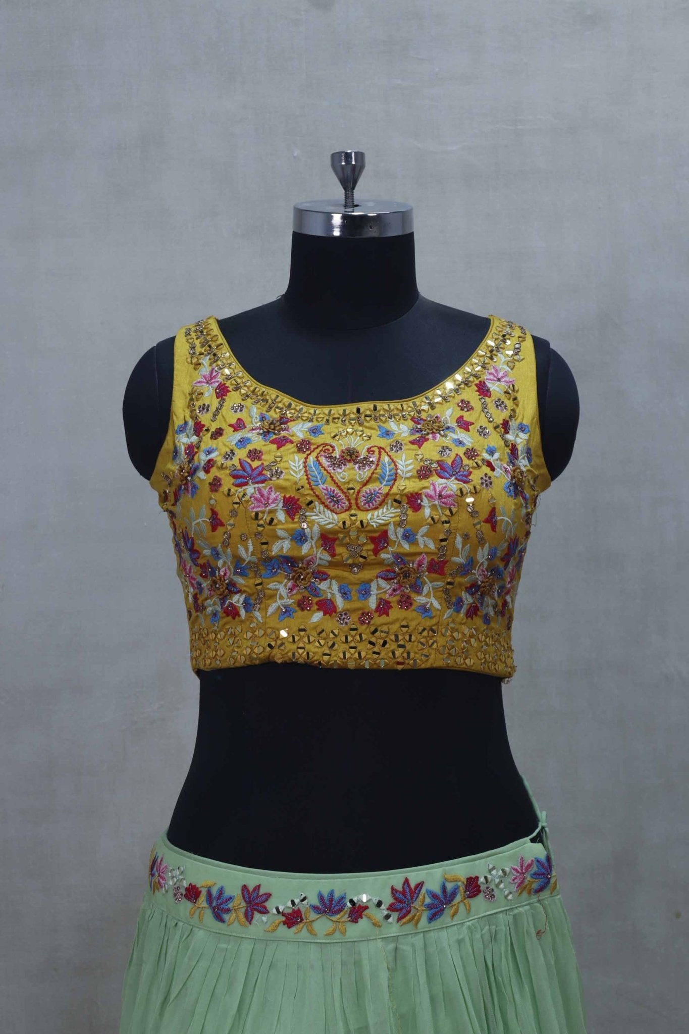 Pastel Green Lehenga with Colorful Embroidered Yellow Blouse - Mangaldeep NX