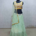 Pastel Green Lehenga with Colorful Embroidered Yellow Blouse - Mangaldeep NX
