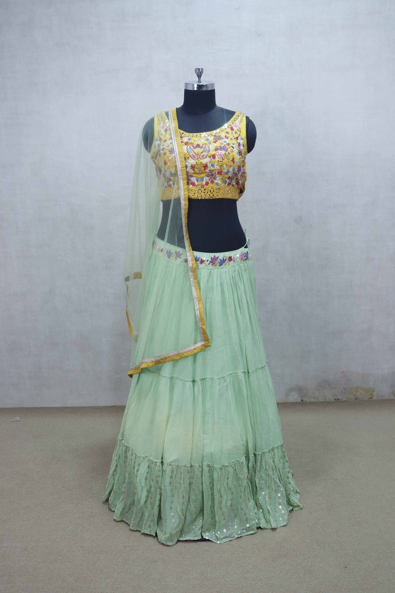 Pastel Green Lehenga with Colorful Embroidered Yellow Blouse - Mangaldeep NX