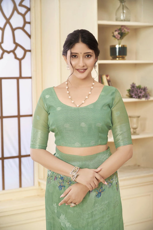 Pastel Green Linen Silk Saree with Blue Floral Digital Print and Zari Woven Border - Mangaldeep NX