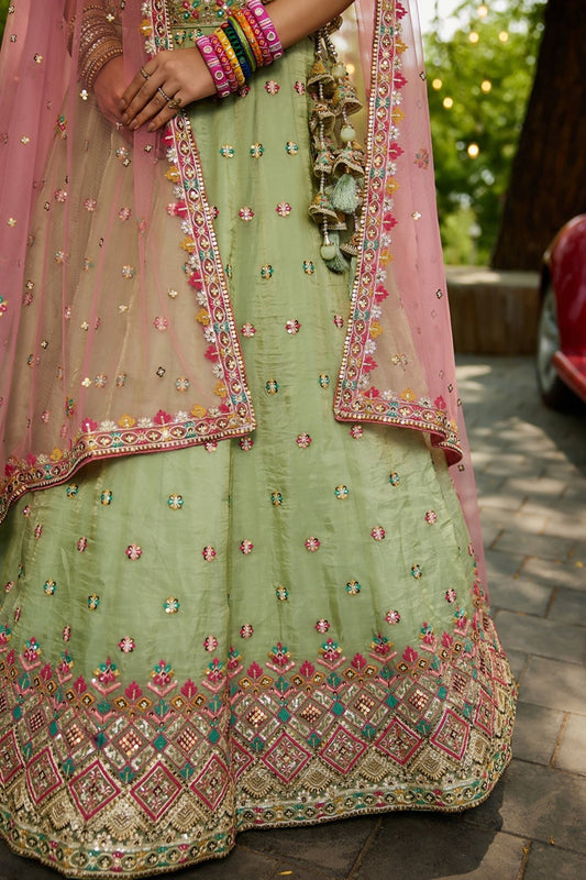 Pastel Green Mirror Work Embroidered Silk Lehenga Choli with Pink Net Dupatta - Mangaldeep NX