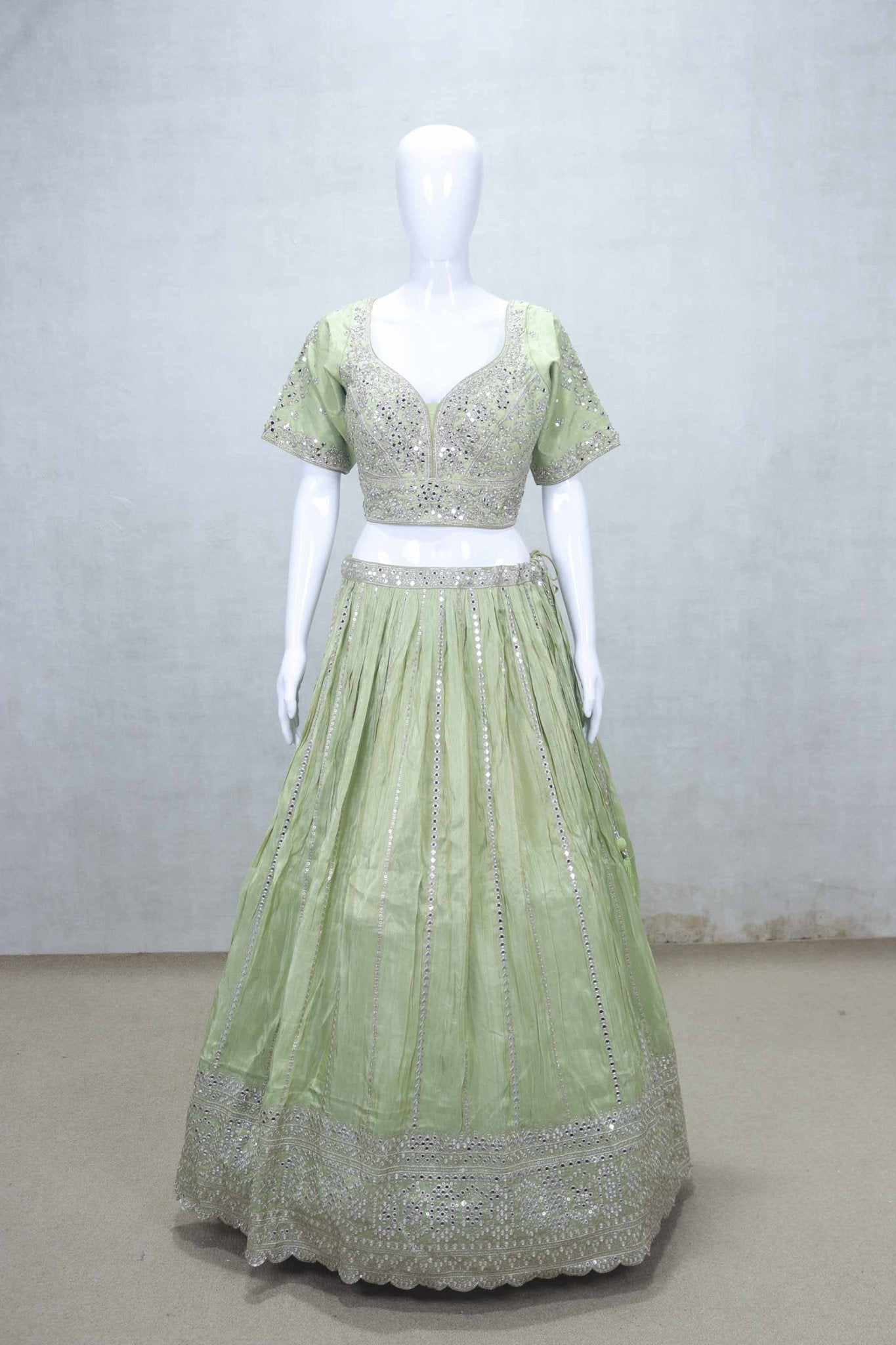 Pastel Green Mirror Work Silk Lehenga Choli with Embroidered Dupatta - Mangaldeep NX