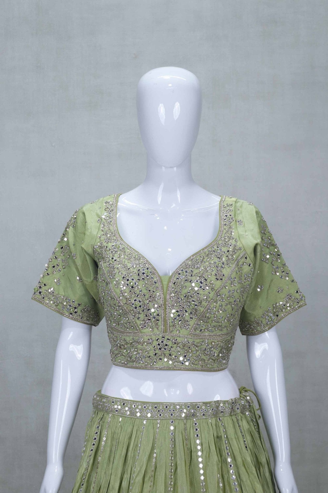 Pastel Green Mirror Work Silk Lehenga Choli with Embroidered Dupatta - Mangaldeep NX