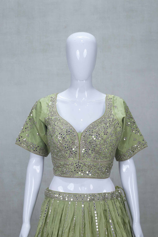 Pastel Green Mirror Work Silk Lehenga Choli with Embroidered Dupatta - Mangaldeep NX