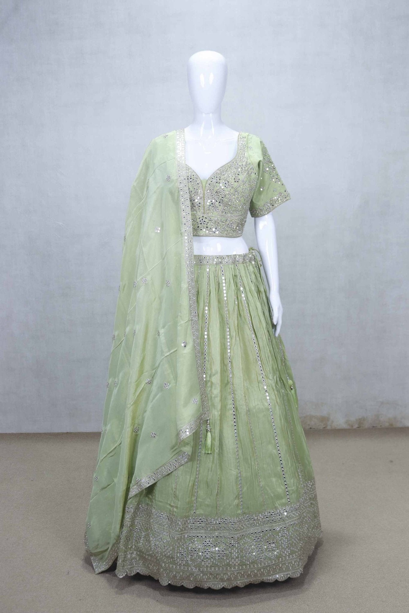 Pastel Green Mirror Work Silk Lehenga Choli with Embroidered Dupatta - Mangaldeep NX