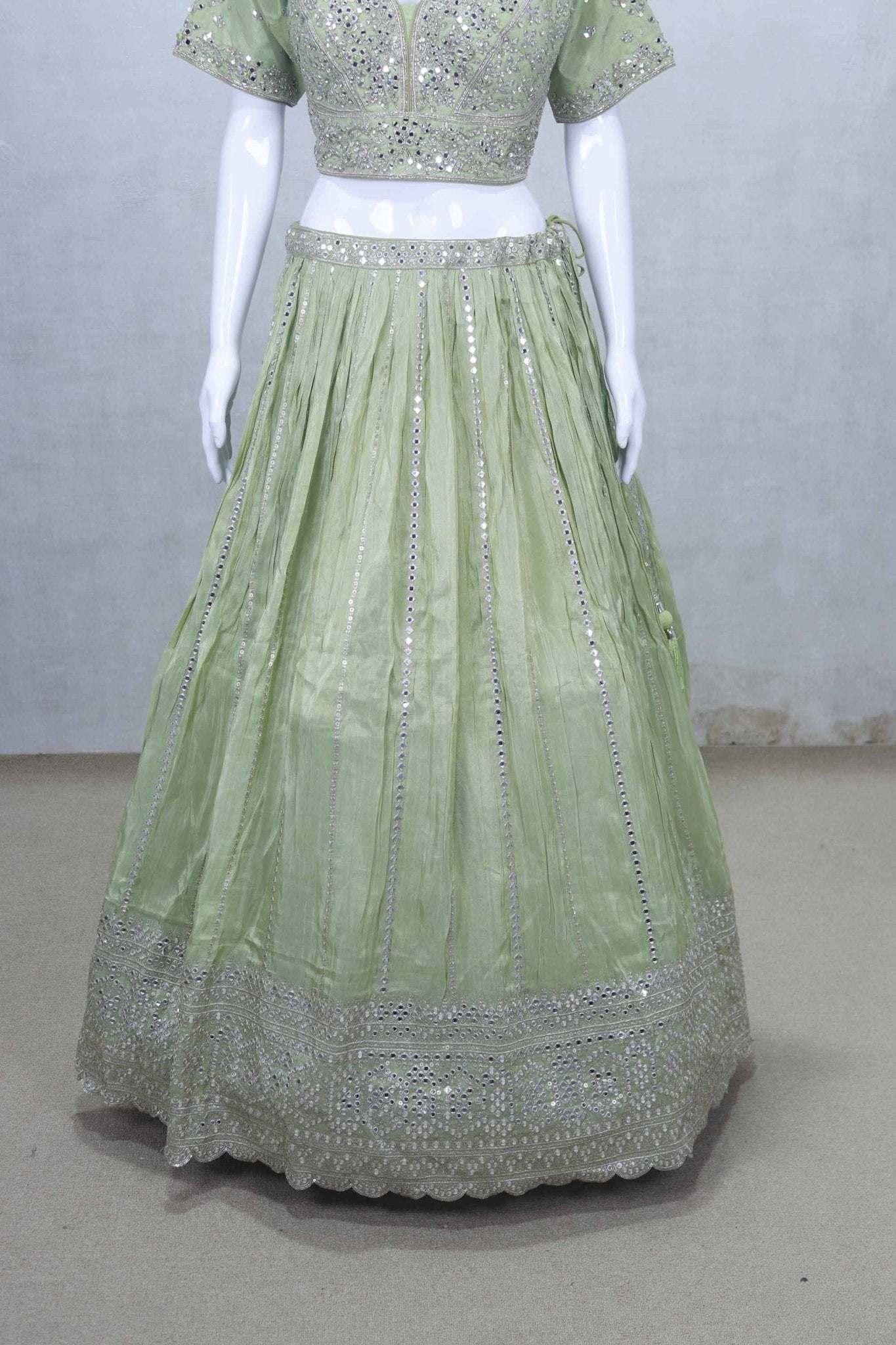 Pastel Green Mirror Work Silk Lehenga Choli with Embroidered Dupatta - Mangaldeep NX