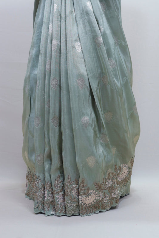 Pastel Green Organza Saree Elegant Designer Wedding Party Wear Saree - Mangaldeep NX