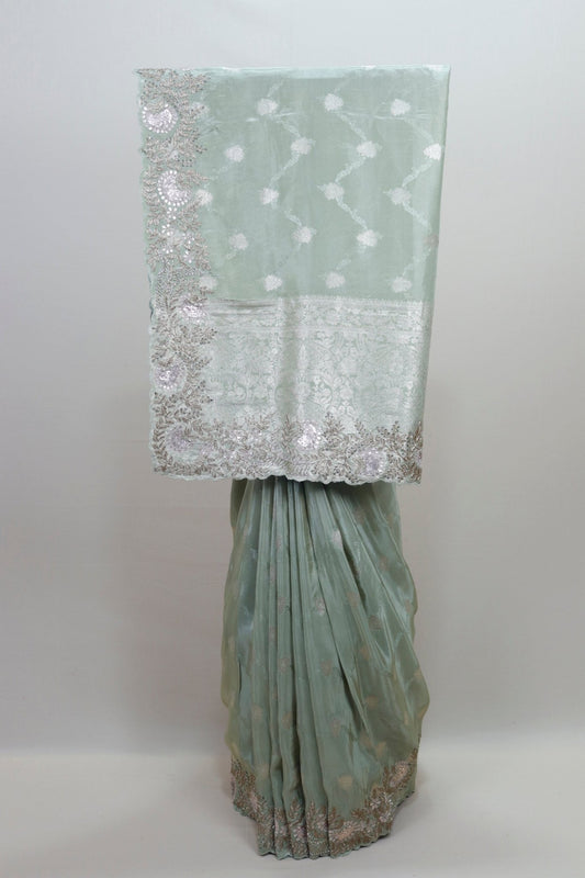 Pastel Green Organza Saree Elegant Designer Wedding Party Wear Saree - Mangaldeep NX
