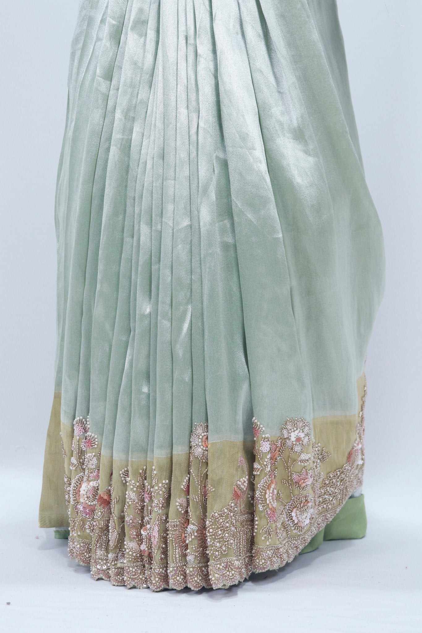 Pastel Green Organza Saree with Heavy Embroidered Border and Tassels - Mangaldeep NX