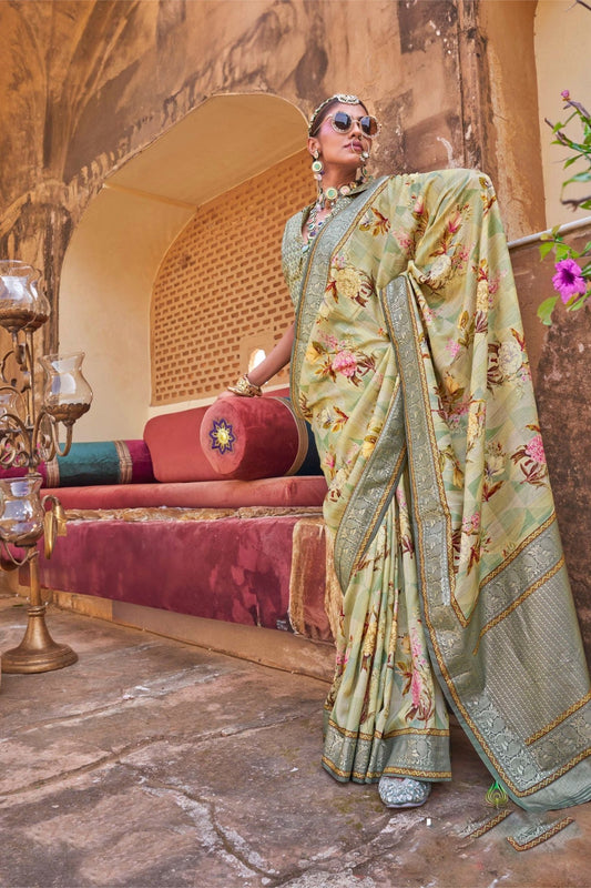 Pastel Green Silk Saree with Floral Print and Zari Border - Mangaldeep NX