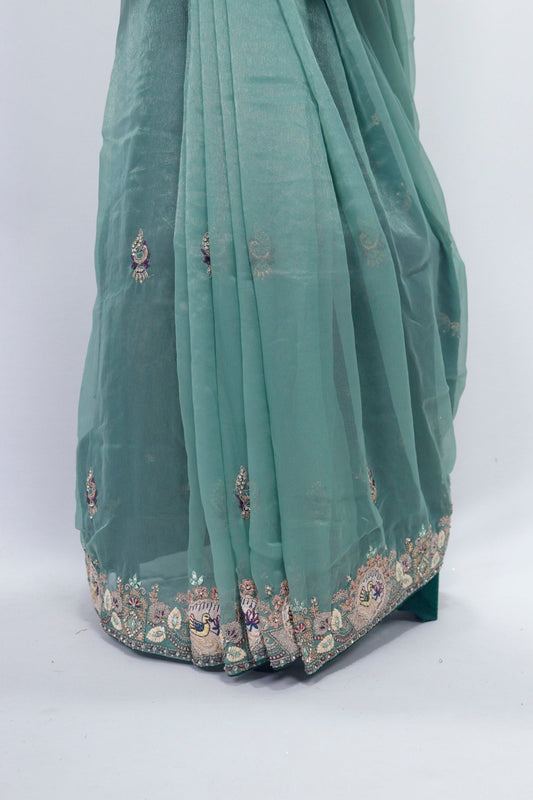 Pastel Green Soft Net Saree with Intricate Embroidery and Designer Border Perfect for Wedding Festive Wear - Mangaldeep NX