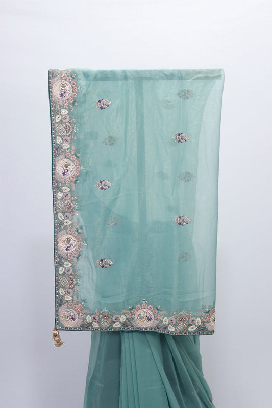 Pastel Green Soft Net Saree with Intricate Embroidery and Designer Border Perfect for Wedding Festive Wear - Mangaldeep NX
