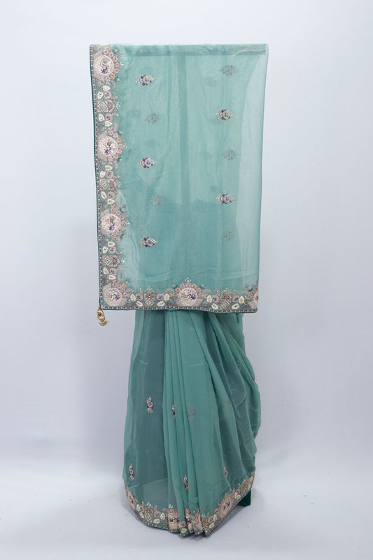 Pastel Green Soft Net Saree with Intricate Embroidery and Designer Border Perfect for Wedding Festive Wear - Mangaldeep NX