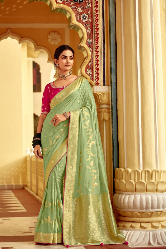 Pastel Green Weeding Occasion Designer Banarasi Silk Saree with Gold Zari Work - Mangaldeep NX