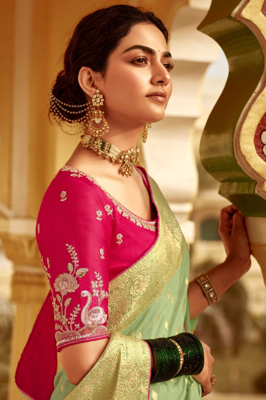 Pastel Green Weeding Occasion Designer Banarasi Silk Saree with Gold Zari Work - Mangaldeep NX