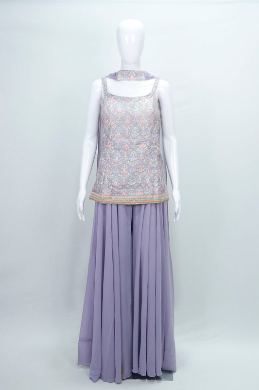 Pastel Lavender Embroidered Georgette Sharara Set - Mangaldeep NX