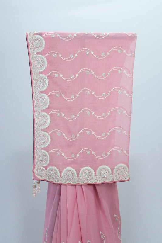 Pastel Pink Georgette Saree for Festive Party Wear - Mangaldeep NX