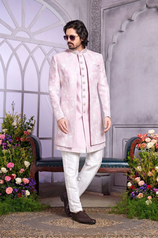 Pastel Pink Indo Western Sherwani for Men with Embroidered Jacket - Mangaldeep NX