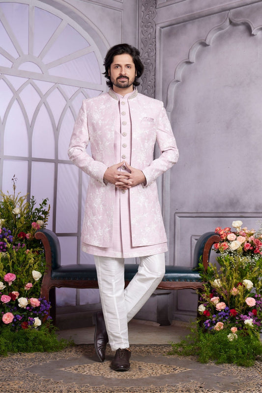 Pastel Pink Indo Western Sherwani for Men with Embroidered Jacket - Mangaldeep NX