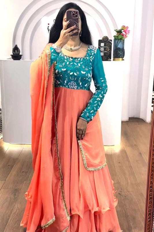 Peach and Teal Anarkali Gown with Embroidered Bodice and Flared Hem - Mangaldeep NX