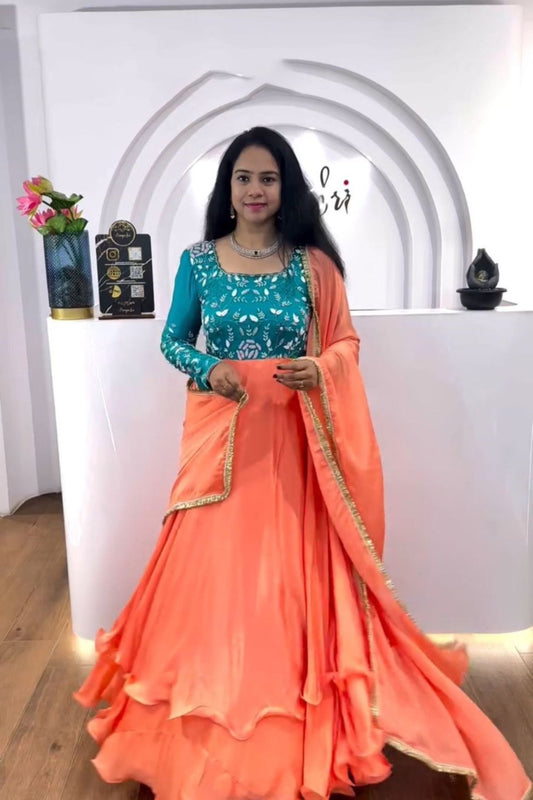 Peach and Teal Anarkali Gown with Embroidered Bodice and Flared Hem - Mangaldeep NX