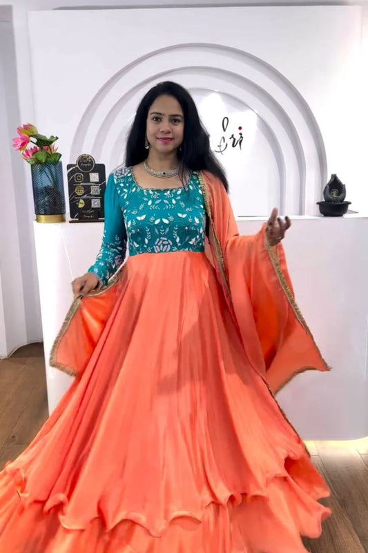 Peach and Teal Anarkali Gown with Embroidered Bodice and Flared Hem - Mangaldeep NX