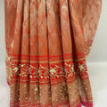 Peach Designer Saree with Red Embroidered Pallu & Tassels - Mangaldeep NX