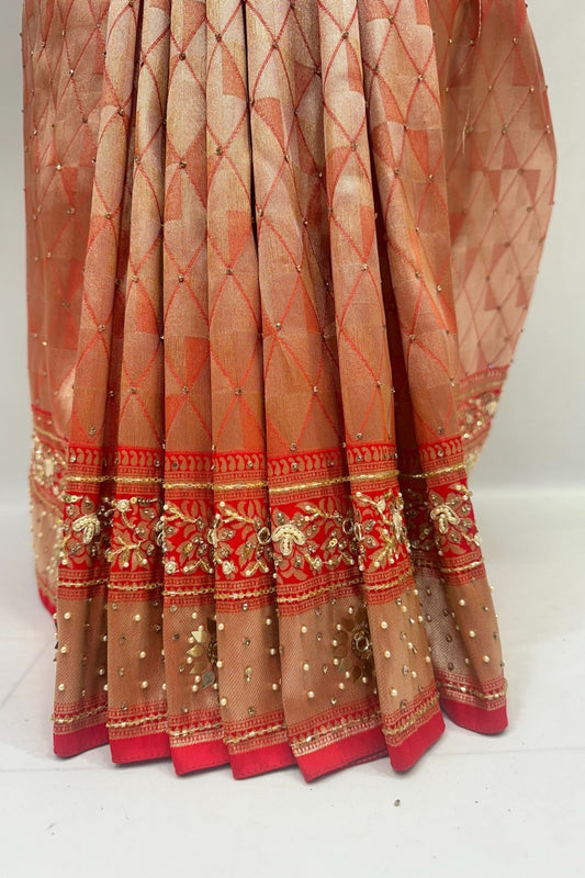 Peach Designer Saree with Red Embroidered Pallu & Tassels - Mangaldeep NX