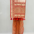 Peach Designer Saree with Red Embroidered Pallu & Tassels - Mangaldeep NX