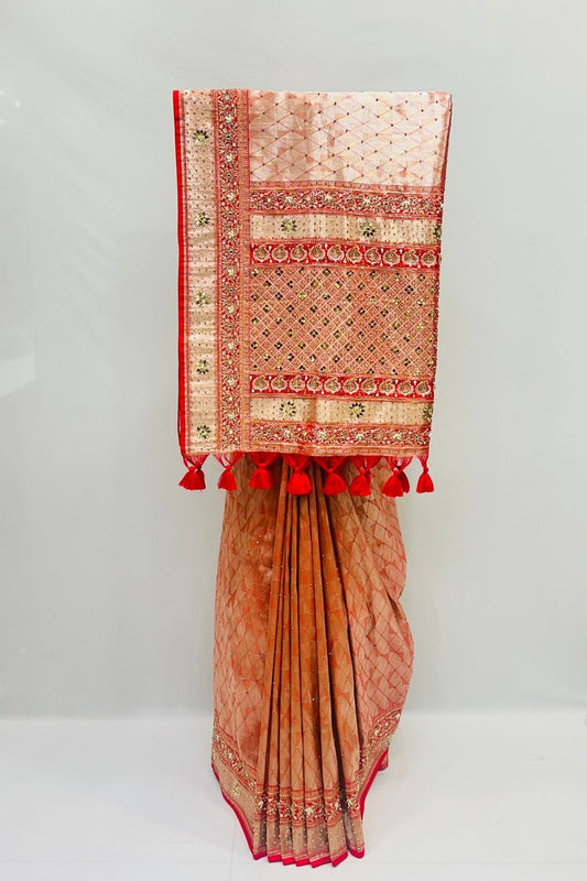 Peach Designer Saree with Red Embroidered Pallu & Tassels - Mangaldeep NX