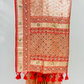 Peach Designer Saree with Red Embroidered Pallu & Tassels - Mangaldeep NX