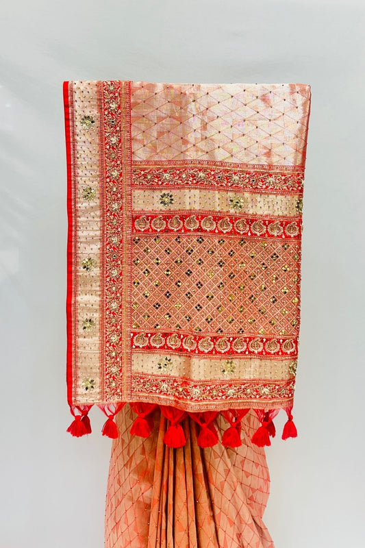 Peach Designer Saree with Red Embroidered Pallu & Tassels - Mangaldeep NX