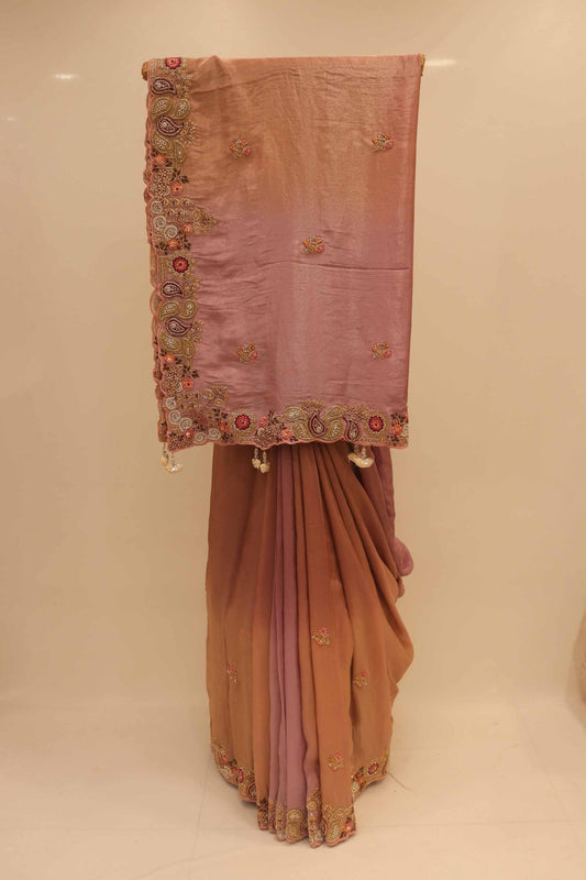 Peach Embroidered Georgette Saree with Zari Border - Mangaldeep NX
