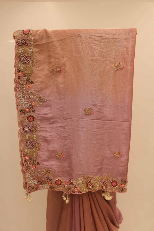 Peach Embroidered Georgette Saree with Zari Border - Mangaldeep NX