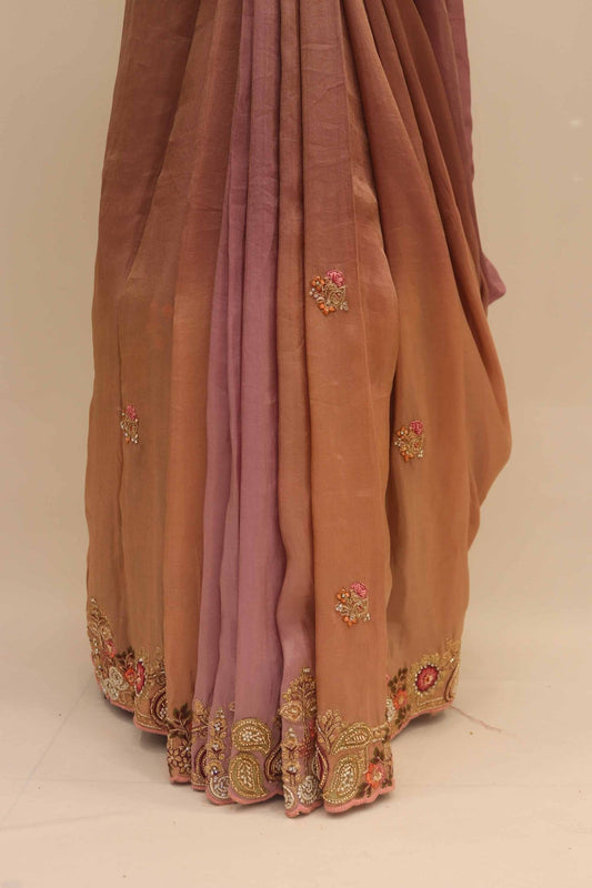 Peach Embroidered Georgette Saree with Zari Border - Mangaldeep NX