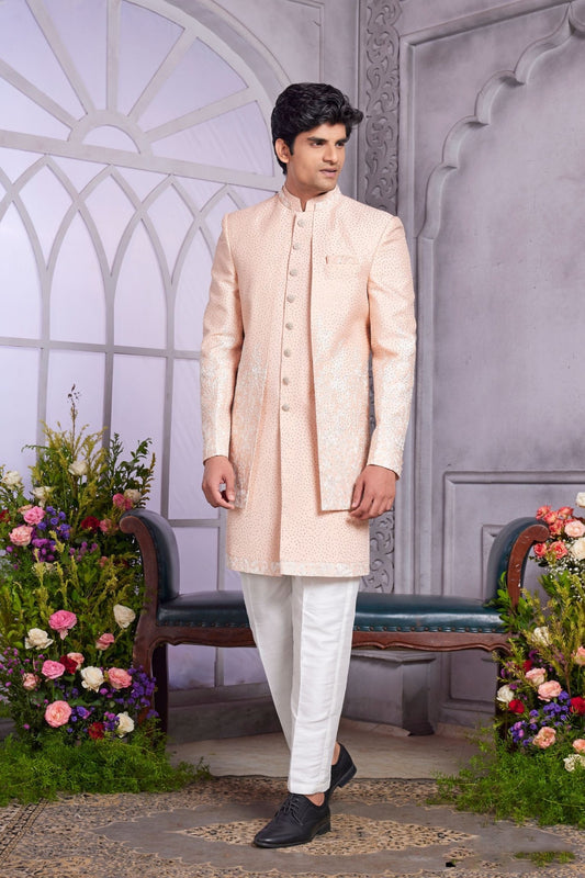 Peach Embroidered Indo Western Sherwani for Men - Mangaldeep NX