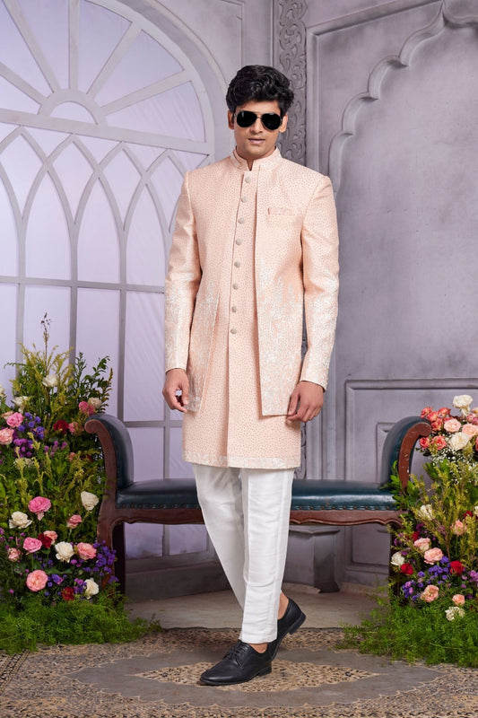 Peach Embroidered Indo Western Sherwani for Men - Mangaldeep NX