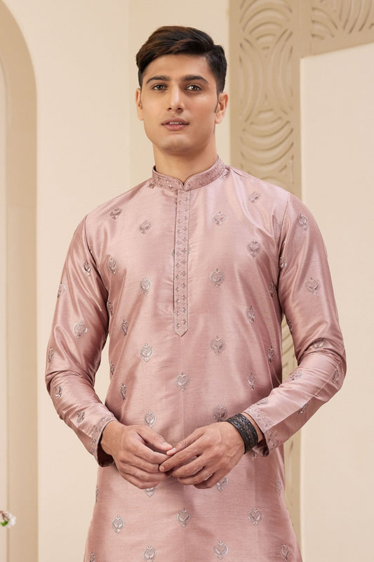 Peach Embroidered Kurta with White Churidar Pants for Men - Mangaldeep NX