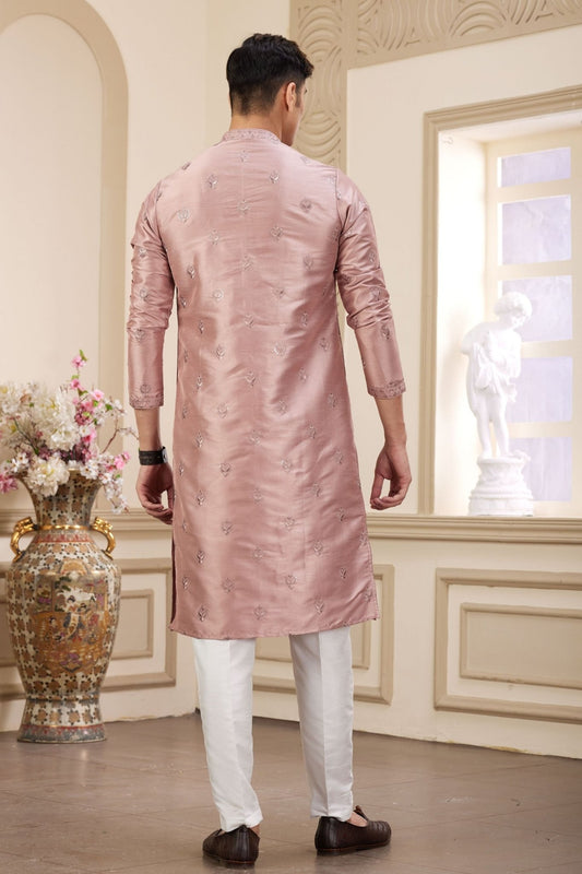 Peach Embroidered Kurta with White Churidar Pants for Men - Mangaldeep NX