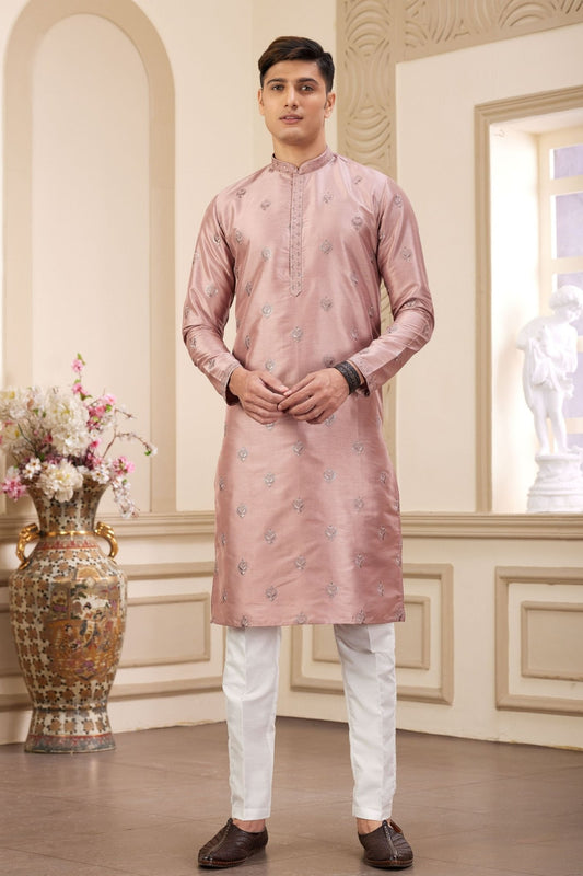 Peach Embroidered Kurta with White Churidar Pants for Men - Mangaldeep NX