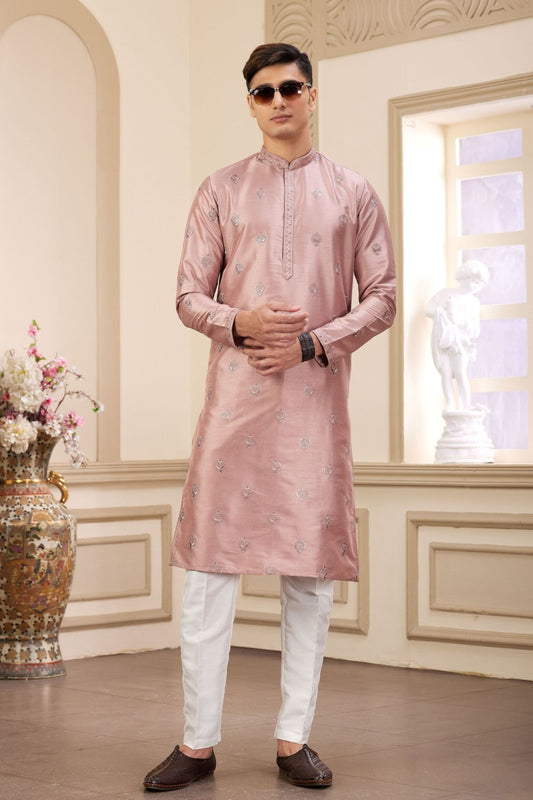 Peach Embroidered Kurta with White Churidar Pants for Men - Mangaldeep NX