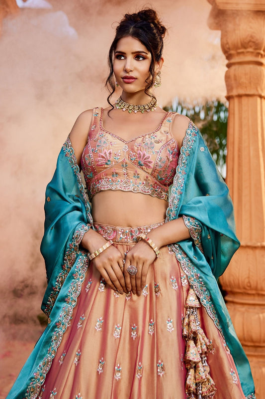 Peach Embroidered Silk Lehenga Choli with Floral Motifs and Aqua Blue Dupatta - Mangaldeep NX