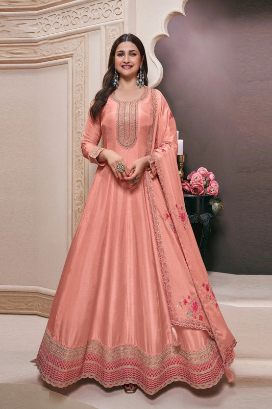 Peach Embroidered Silk Semi Stitched Anarkali Suit with Dupatta - Mangaldeep NX