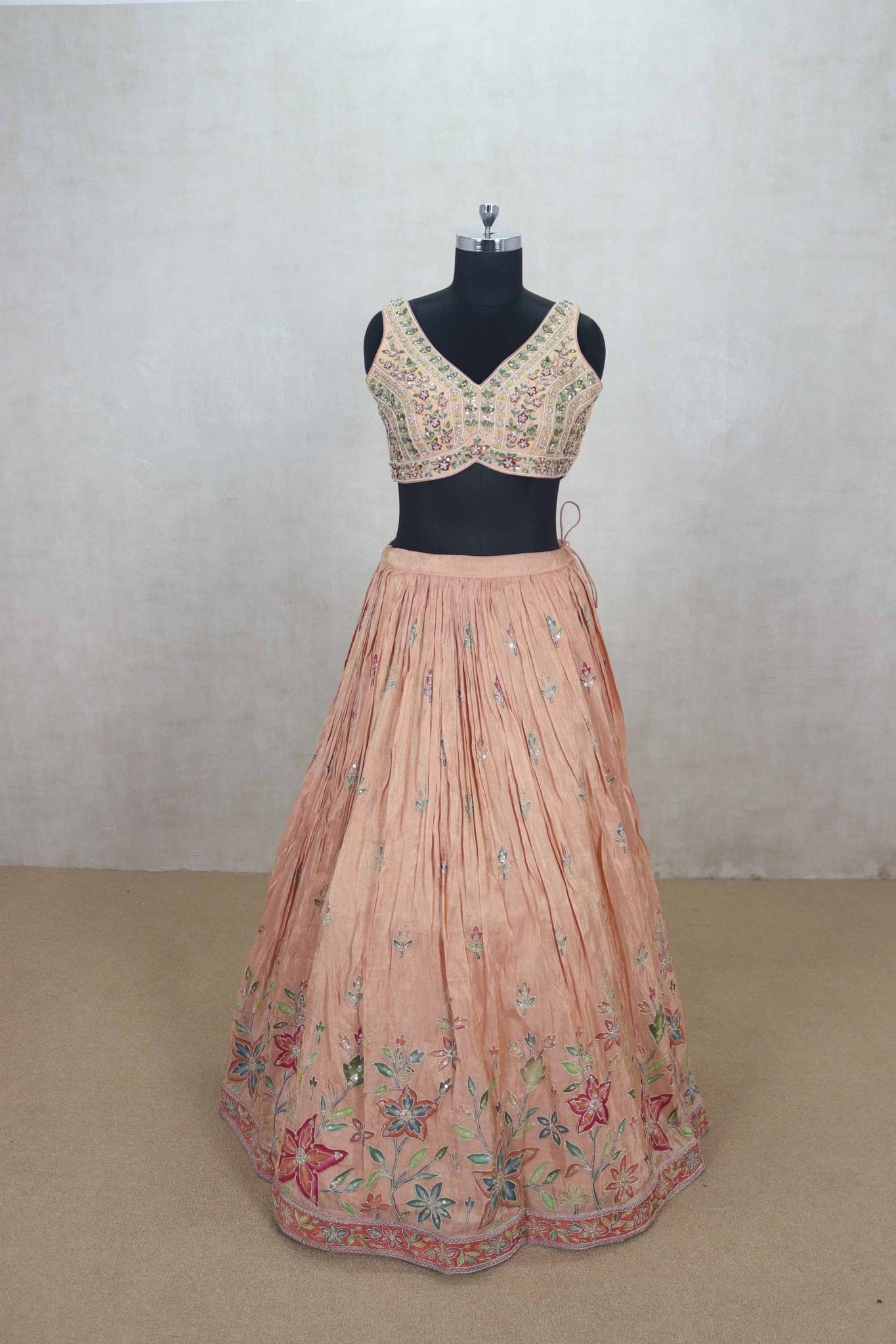Peach Floral Embroidered Lehenga Choli with Mirror Work Dupatta - Mangaldeep NX