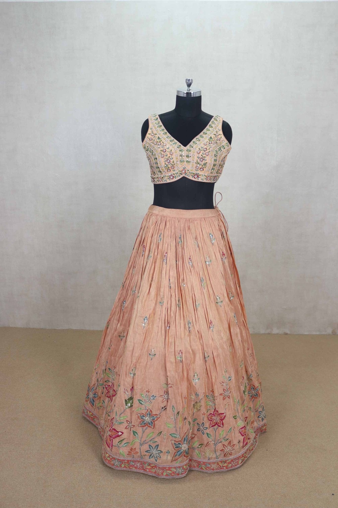 Peach Floral Embroidered Lehenga Choli with Mirror Work Dupatta - Mangaldeep NX