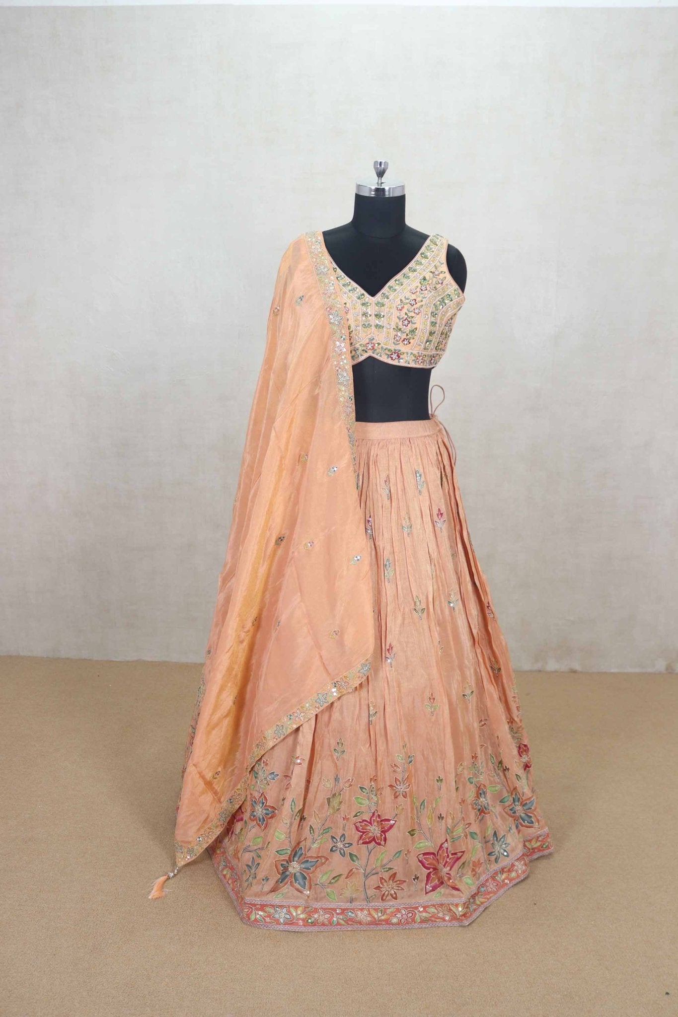 Peach Floral Embroidered Lehenga Choli with Mirror Work Dupatta - Mangaldeep NX