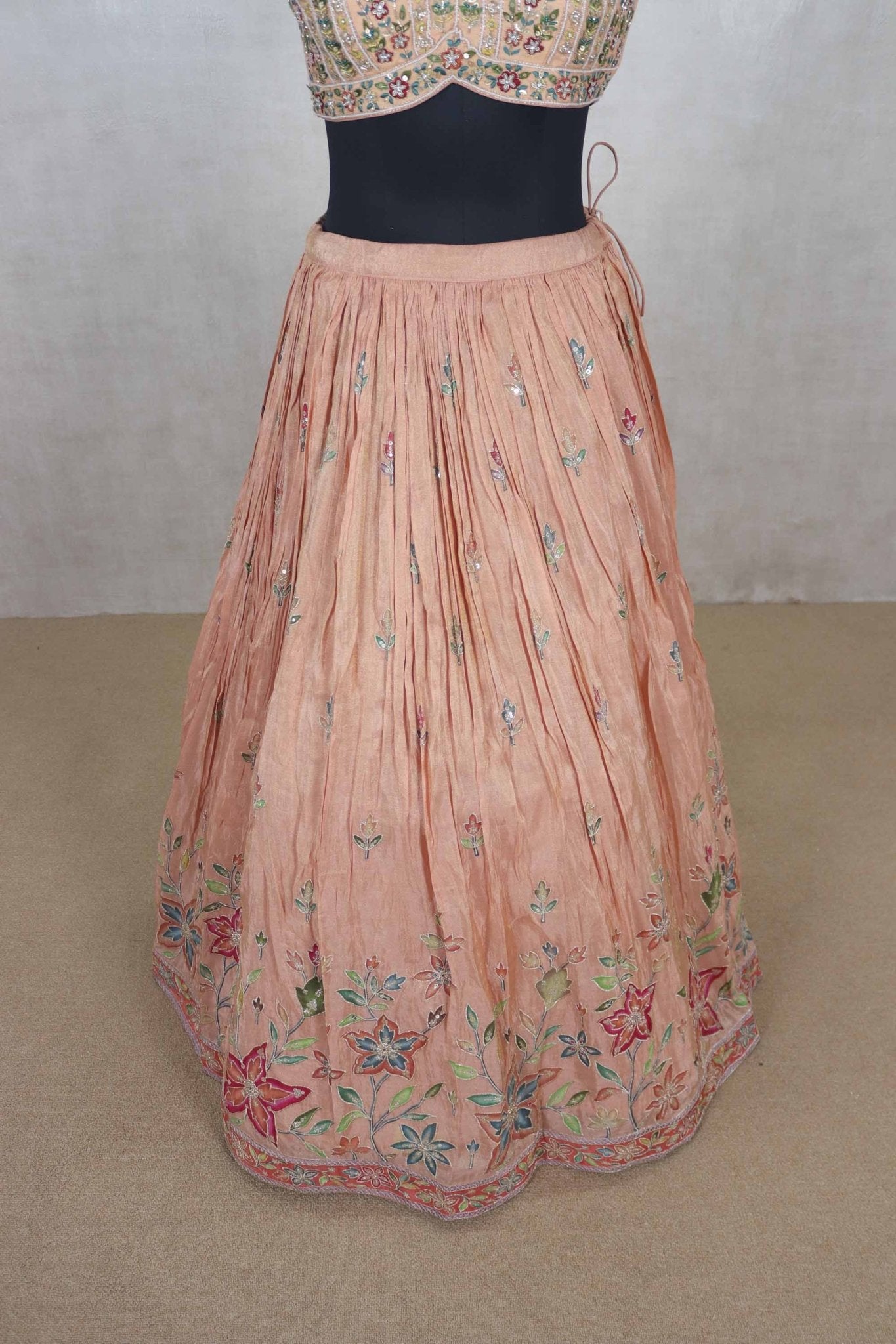 Peach Floral Embroidered Lehenga Choli with Mirror Work Dupatta - Mangaldeep NX
