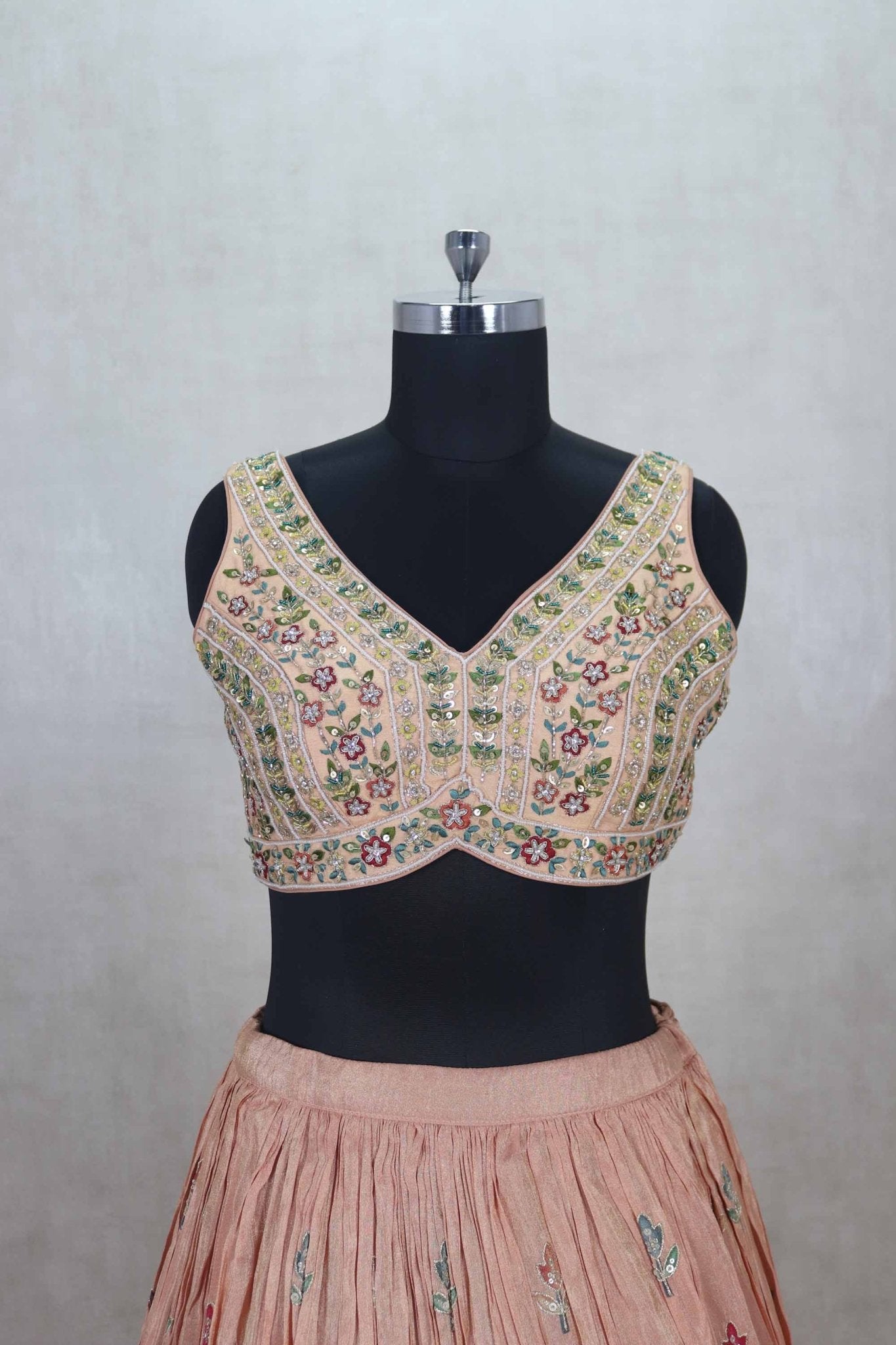 Peach Floral Embroidered Lehenga Choli with Mirror Work Dupatta - Mangaldeep NX