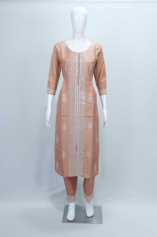 Peach Foil Printed Cotton Straight Suit Set with Embroidered Dupatta - Mangaldeep NX